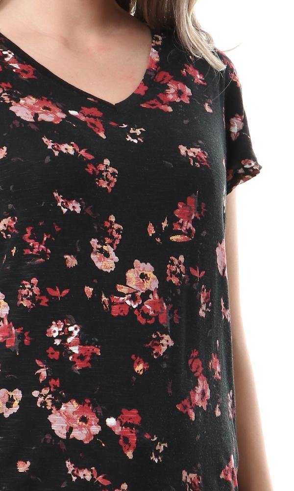 93007 V-Neck Short Sleeves Fluffy Floral Top - Black & Coral - Ravin 