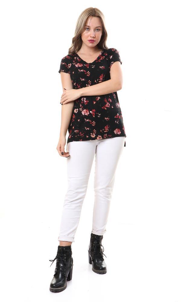 93007 V-Neck Short Sleeves Fluffy Floral Top - Black & Coral - Ravin 