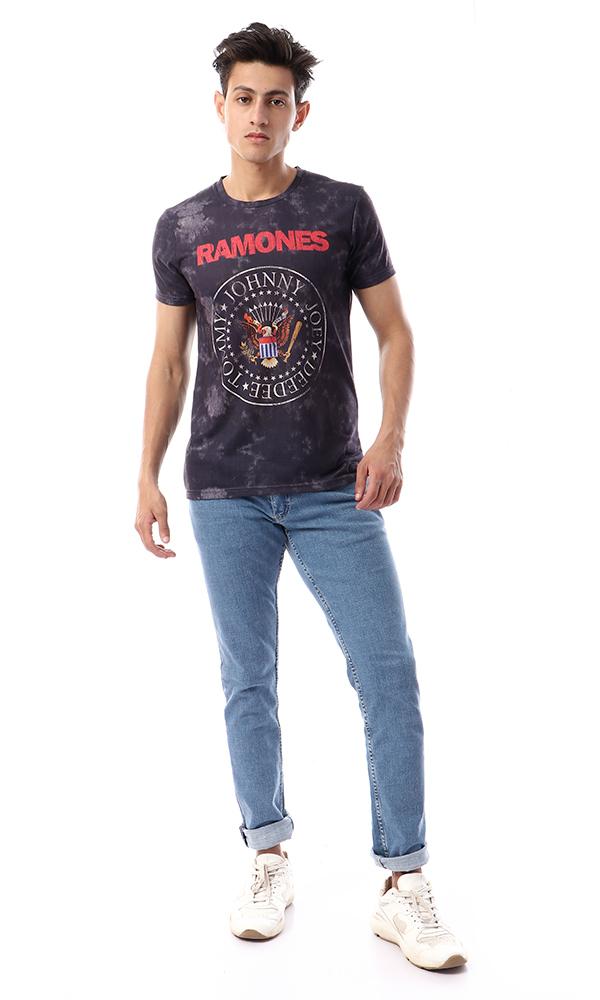 93022 Ramones Printed Casual T-Shirt - Heather Dark Navy Blue - Ravin 