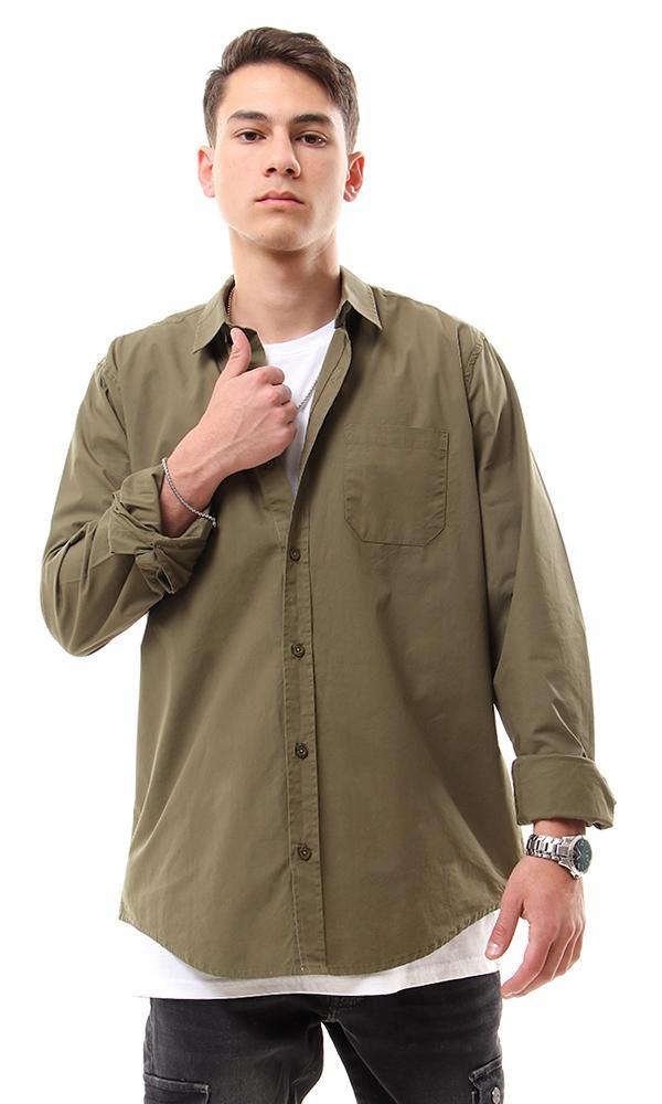 93046 Dark Olive Basic Long Sleeves Shirt With Pocket - Ravin 