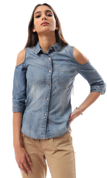 93118 Fashionable Cold Shoulders Denim Shirt - Bracing Blue - Ravin 