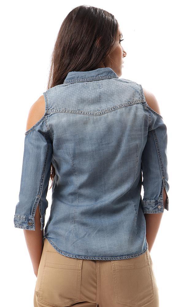 93118 Fashionable Cold Shoulders Denim Shirt - Bracing Blue - Ravin 