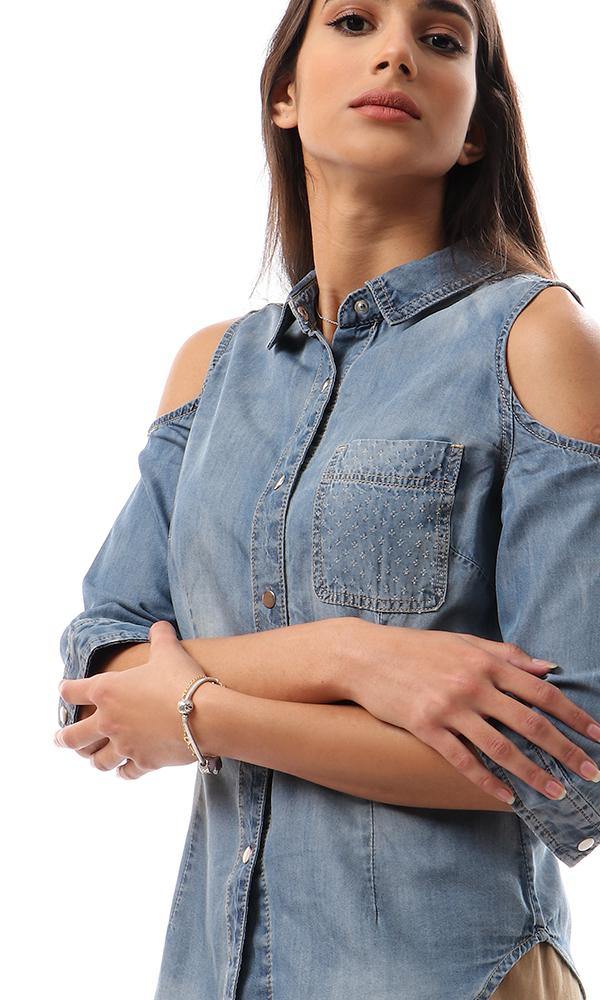93118 Fashionable Cold Shoulders Denim Shirt - Bracing Blue - Ravin 