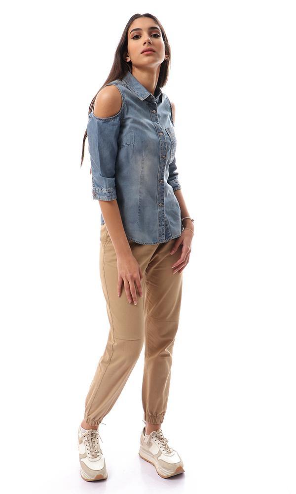 93118 Fashionable Cold Shoulders Denim Shirt - Bracing Blue - Ravin 