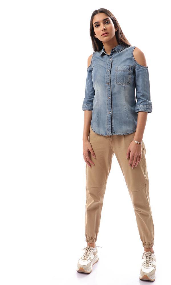 93118 Fashionable Cold Shoulders Denim Shirt - Bracing Blue - Ravin 