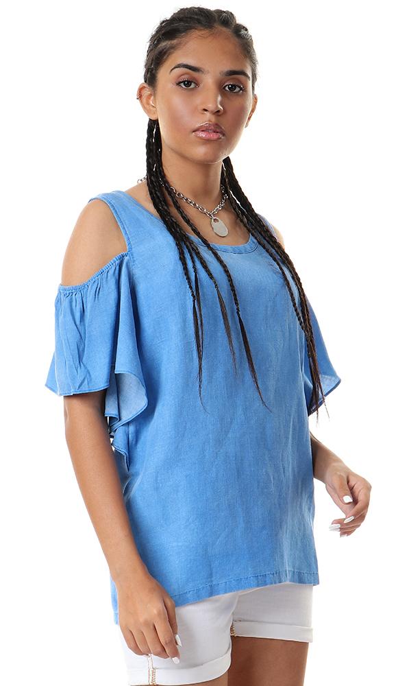 93120 Off Shoulder Ruffle Sleeves Light Denium Blue Top - Ravin 