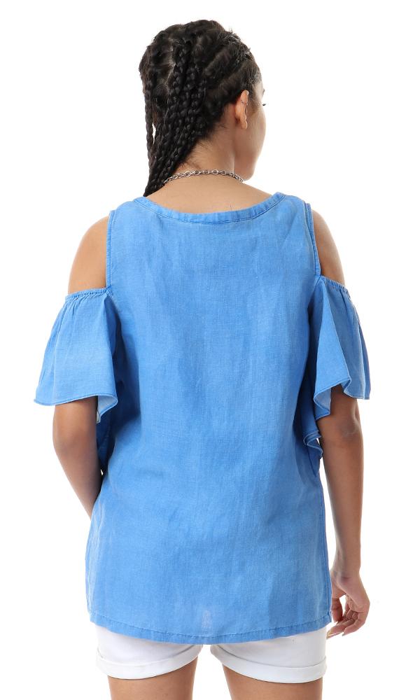 93120 Off Shoulder Ruffle Sleeves Light Denium Blue Top - Ravin 