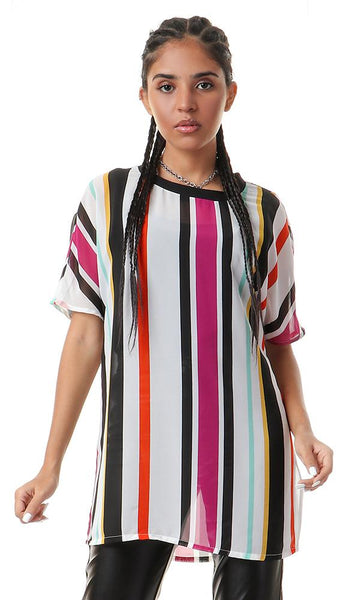 93122 Chiffon Striped Multicolour Round Neck Blouse - Ravin 