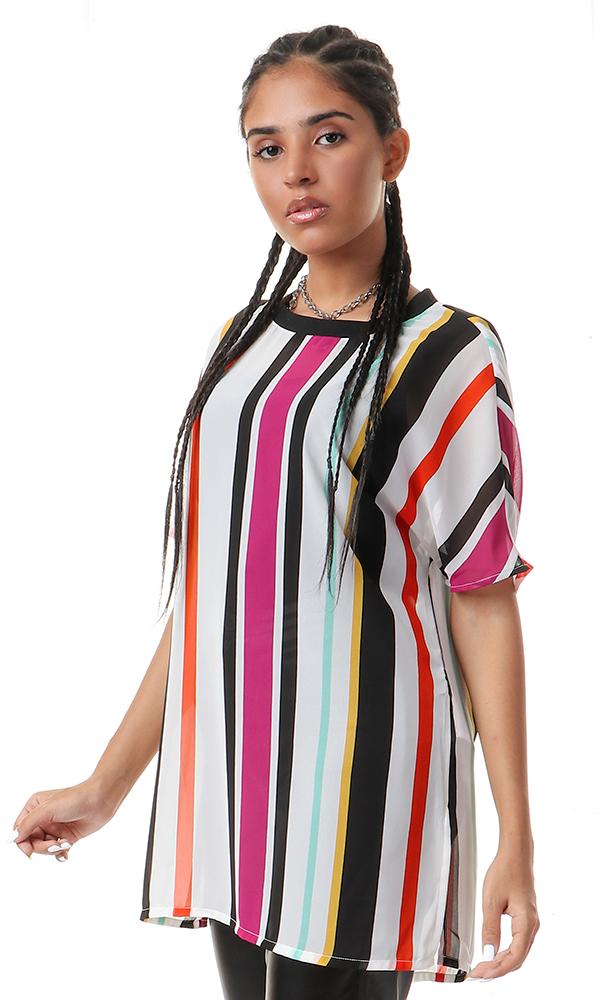 93122 Chiffon Striped Multicolour Round Neck Blouse - Ravin 