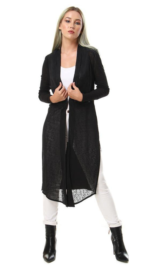 93125 Open Neckline Side Slitted Black Cardigan - Ravin 