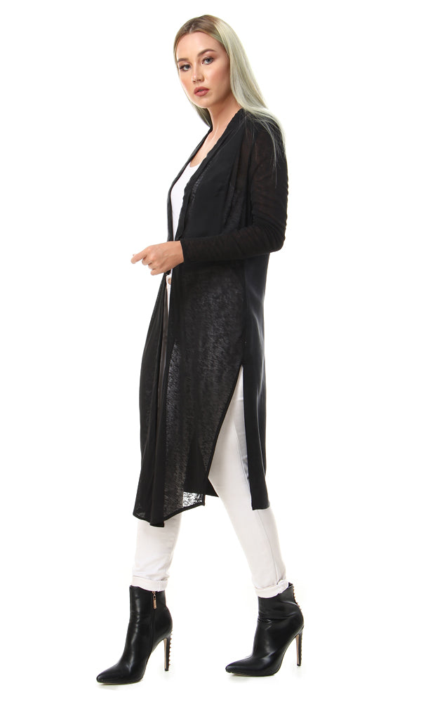 93125 Open Neckline Side Slitted Black Cardigan - Ravin 