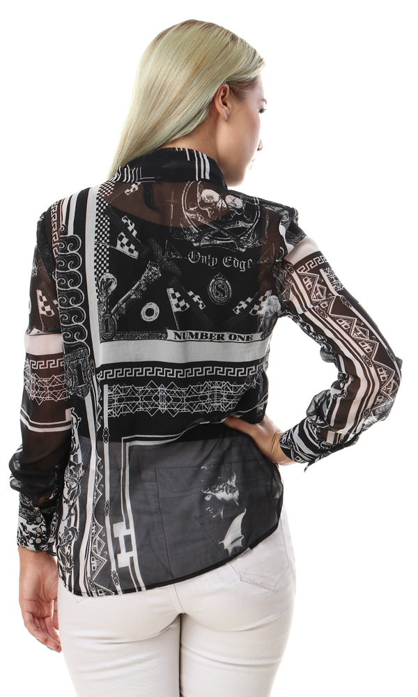 93128 Patterned Tied Neck Cheer Shirt - Black - Ravin 