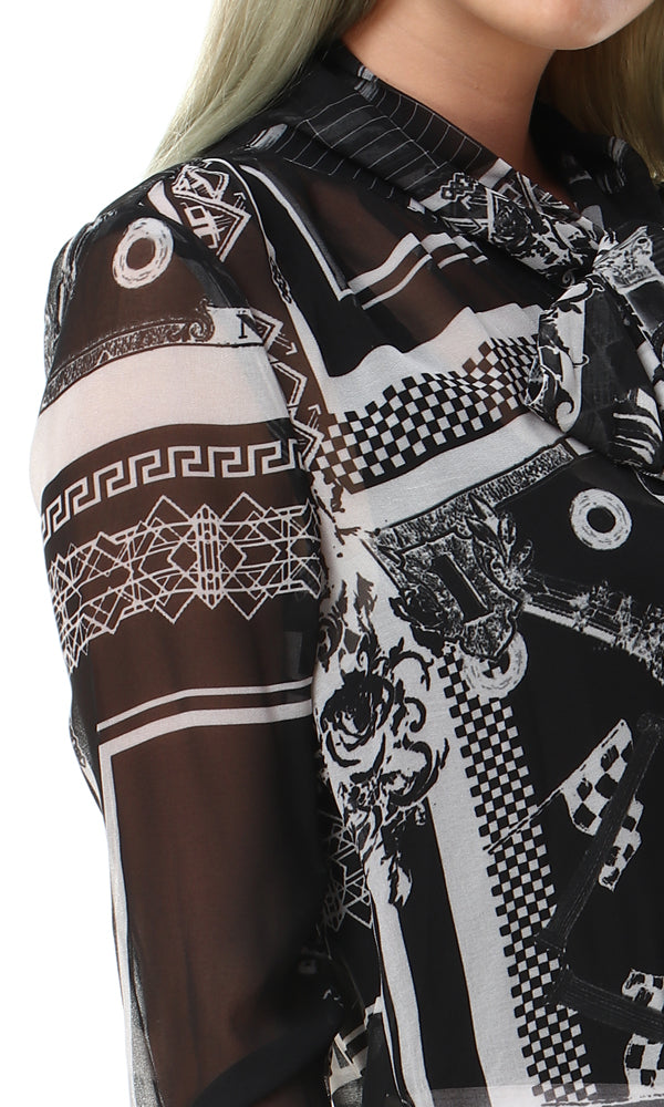93128 Patterned Tied Neck Cheer Shirt - Black - Ravin 