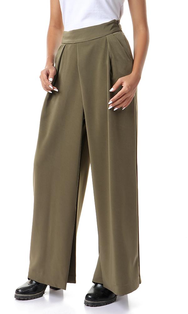 93135 Side Zipper Solid Wide Leg Pants - Olive - Ravin 