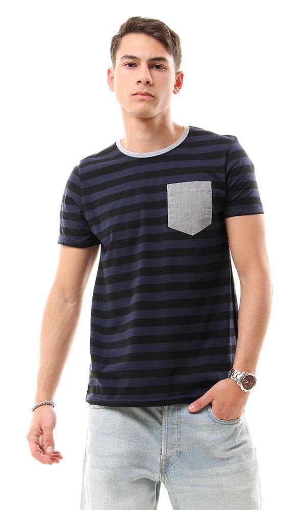 93152 Bi-Tone Wild Stripes Crew Neck Tee - Black & Navy Blue - Ravin 