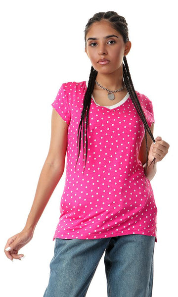 93172 Polka Dots V-neck Soft Fuchsia Top - Ravin 