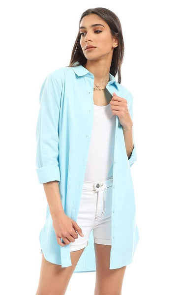 93200 Basic Self Striped Cotton Long Shirt - Sky Blue - Ravin 