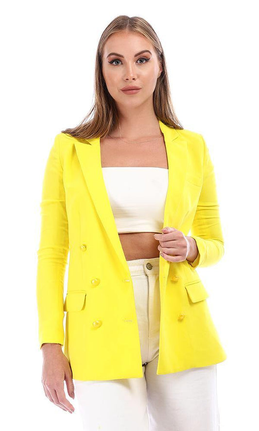 93205 Double Buttoned Plain Notched Lapel Yellow Blazer - Ravin 