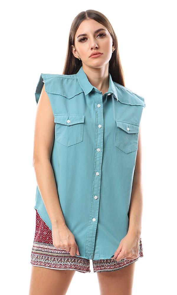 93214 Sleeveless Solid Buttoned Viridian Green Shirt - Ravin 