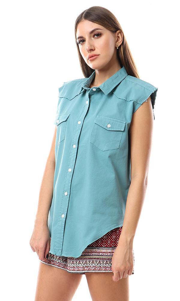 93214 Sleeveless Solid Buttoned Viridian Green Shirt - Ravin 