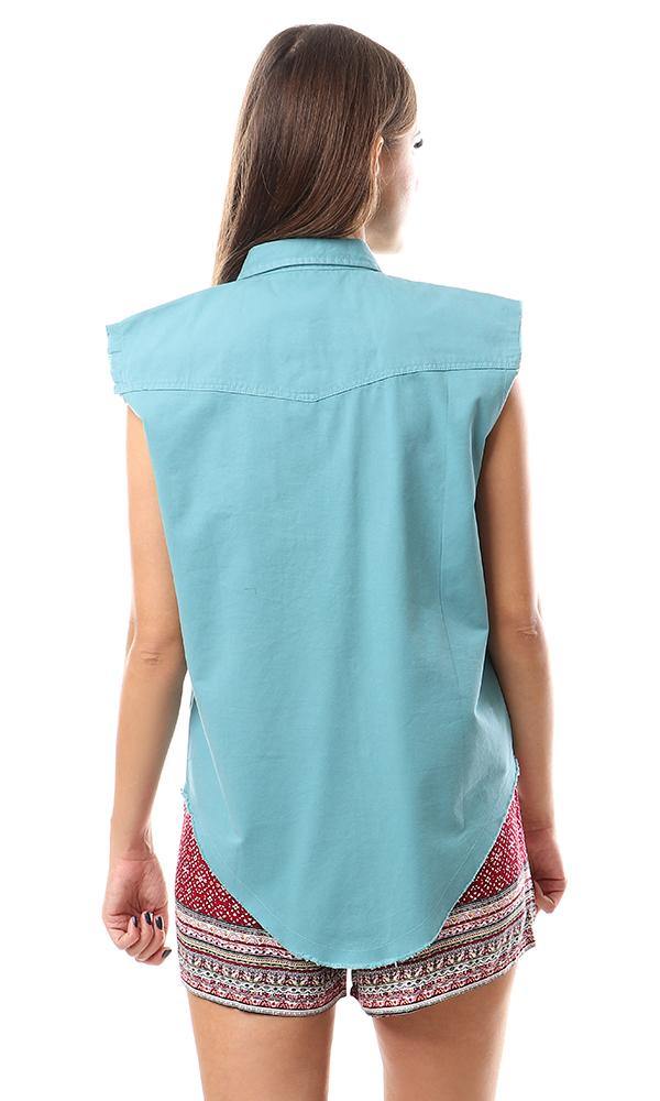 93214 Sleeveless Solid Buttoned Viridian Green Shirt - Ravin 