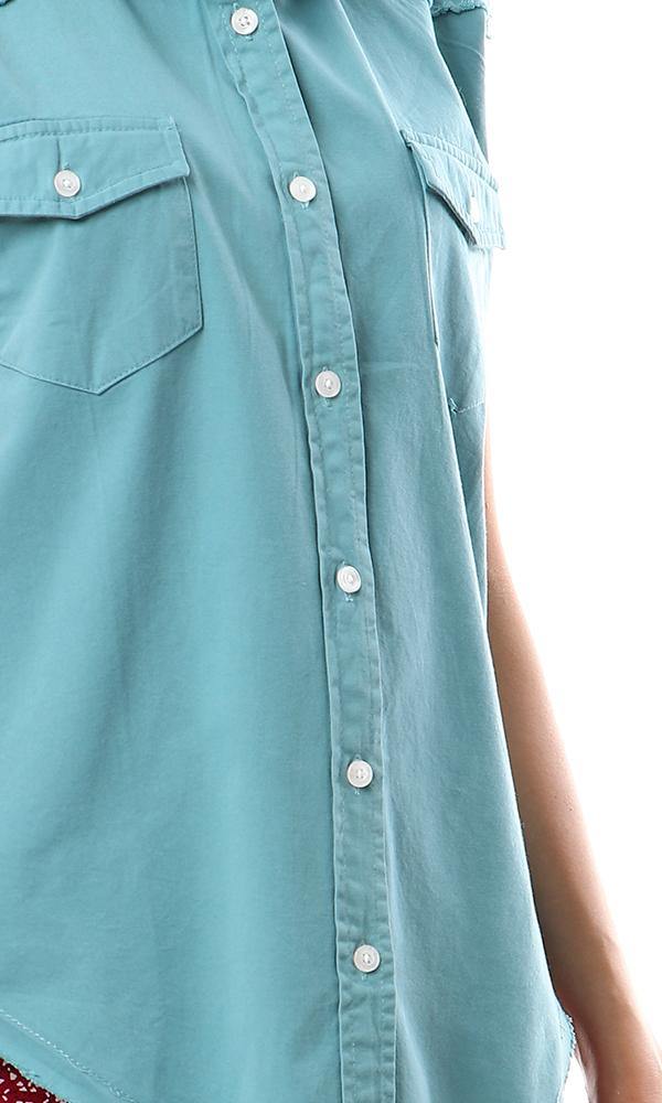 93214 Sleeveless Solid Buttoned Viridian Green Shirt - Ravin 