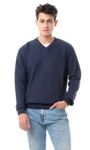 93354 Knitted Fashionable V-Neck Pullover - Midnight Blue - Ravin 