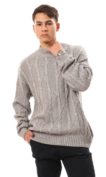 93357 Knitted Braided Mock Neck Acrylic Pullover - Light Grey - Ravin 