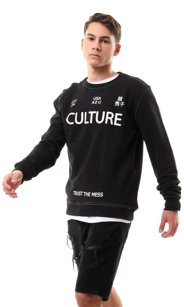 93540 Printed "Culture" Round Neck Sweatshirt - Black - Ravin 