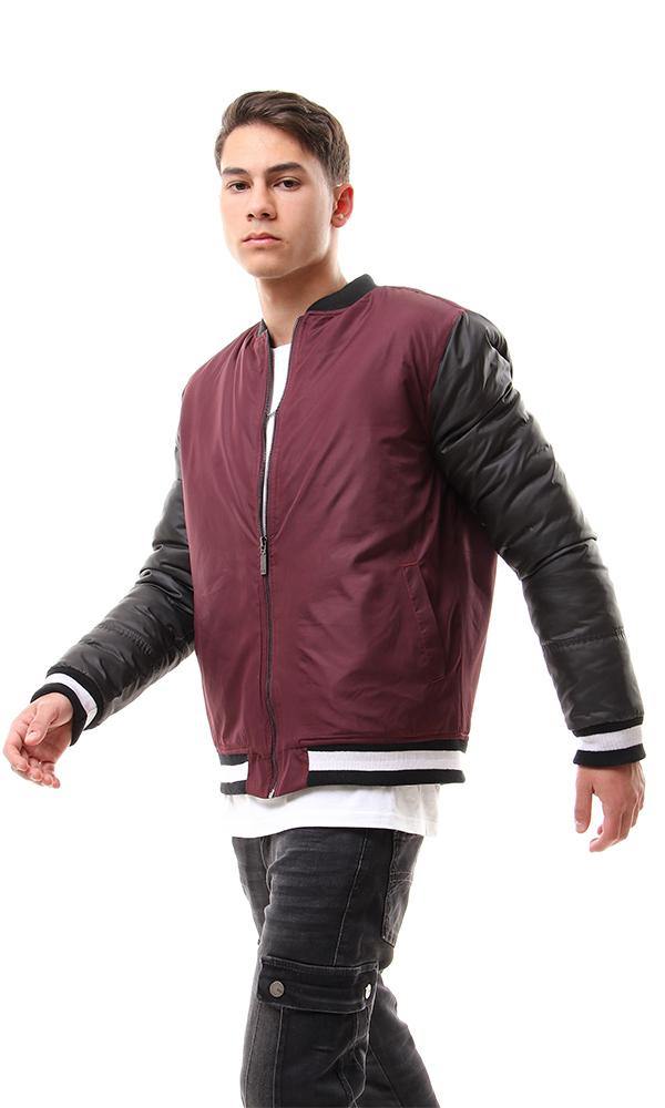 93923 Bi-Tone Band Collar Zipped Puffer Jacket - Burgundy & Black - Ravin 