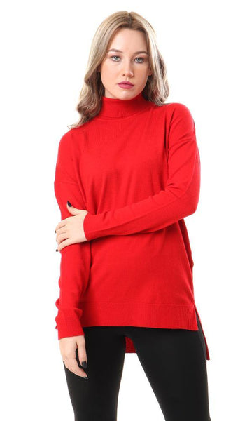 93985 Basic Long Sleeves High-Low Red Pullover - Ravin 