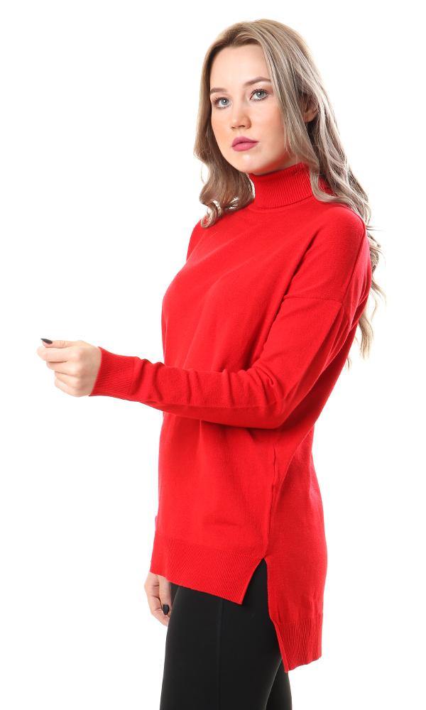 93985 Basic Long Sleeves High-Low Red Pullover - Ravin 