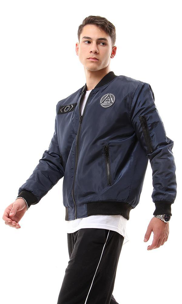 94033 Band Neck Navy Blue Bomber Jacket - Ravin 