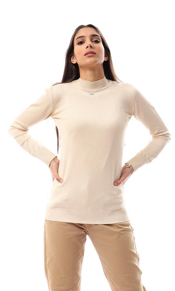 94404 Ribbed Mock Neck Basic Pullover - Light Beige - Ravin 