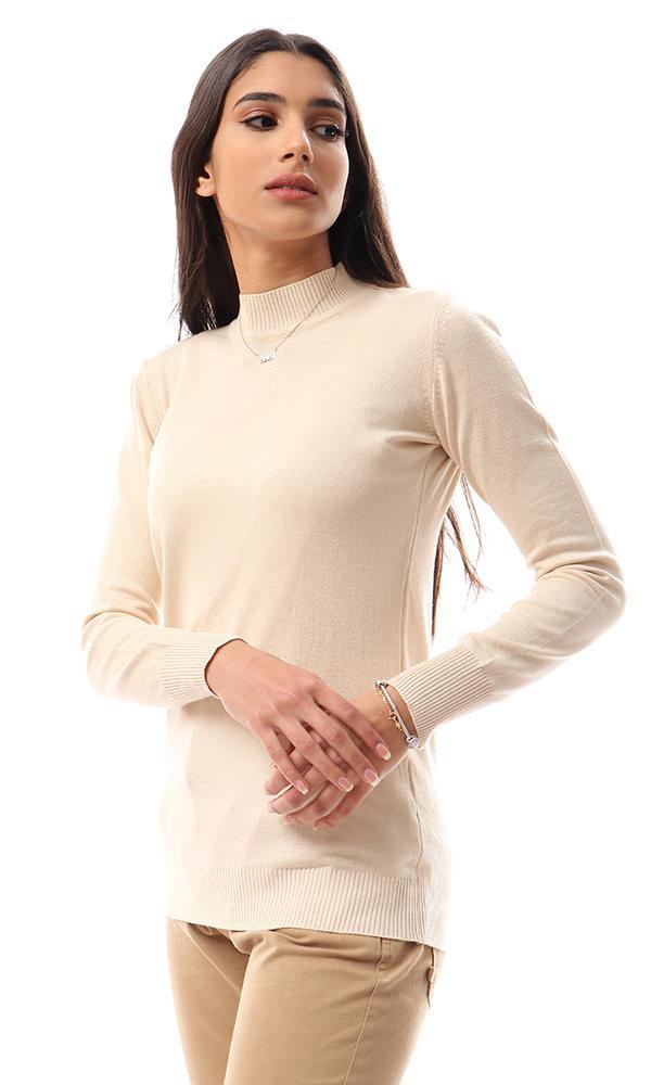 94404 Ribbed Mock Neck Basic Pullover - Light Beige - Ravin 