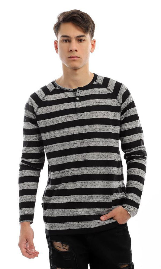94413 Wild Striped Black & Grey Long Sleeves Henley Shirt - Ravin 