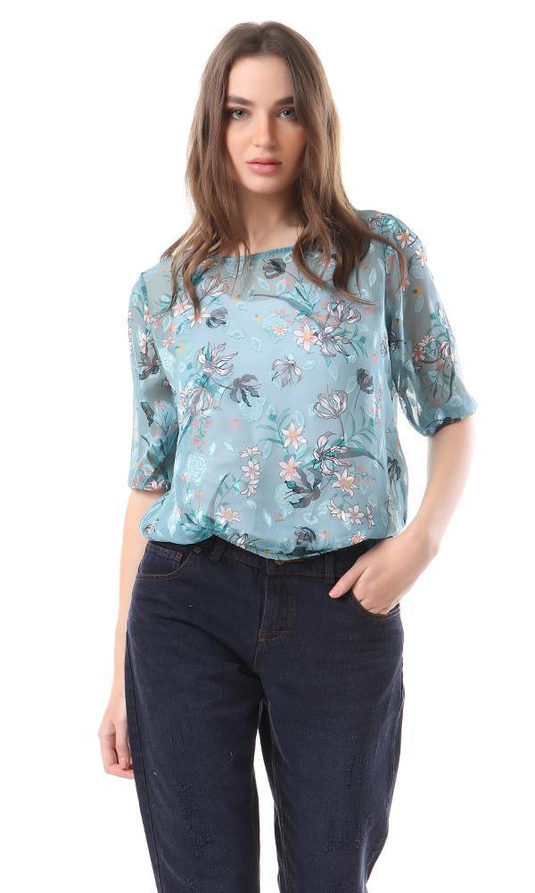 94519 Sheer 3/4 Sleeves Floral Elastic Trim Blouse - Sea Green - Ravin 