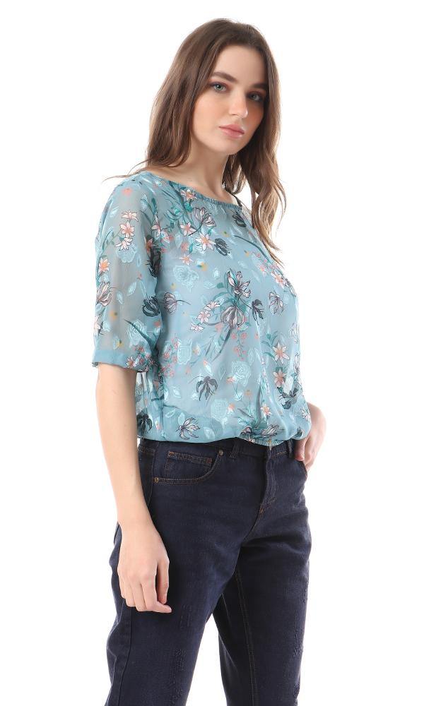 94519 Sheer 3/4 Sleeves Floral Elastic Trim Blouse - Sea Green - Ravin 