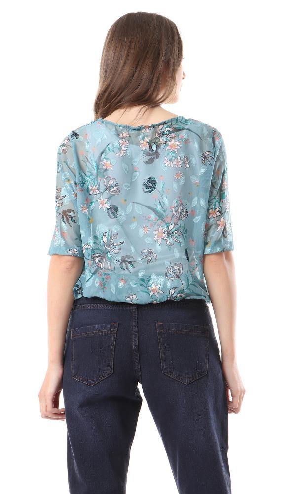 94519 Sheer 3/4 Sleeves Floral Elastic Trim Blouse - Sea Green - Ravin 