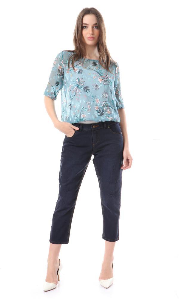 94519 Sheer 3/4 Sleeves Floral Elastic Trim Blouse - Sea Green - Ravin 