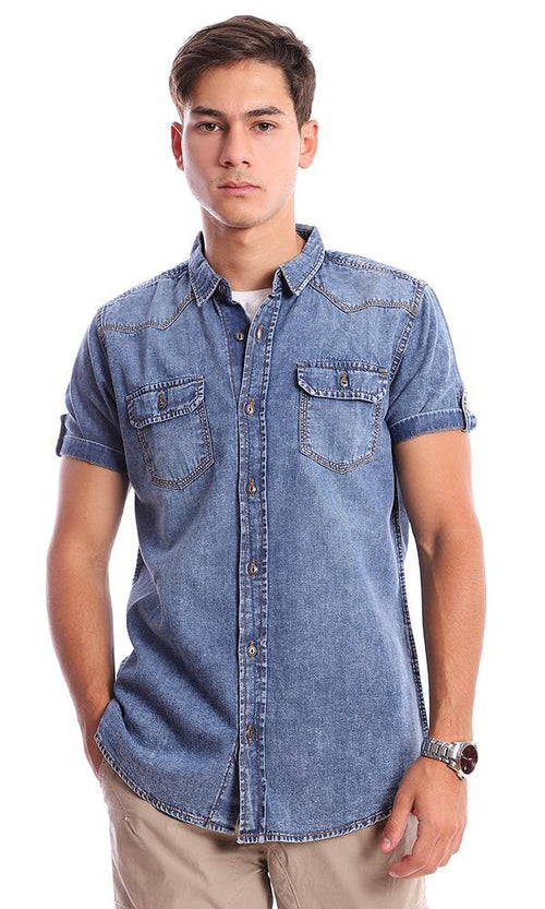94553 Short Sleeves Classic Collar Denim Shirt - Dark Blue - Ravin 