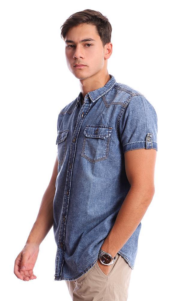 94553 Short Sleeves Classic Collar Denim Shirt - Dark Blue - Ravin 