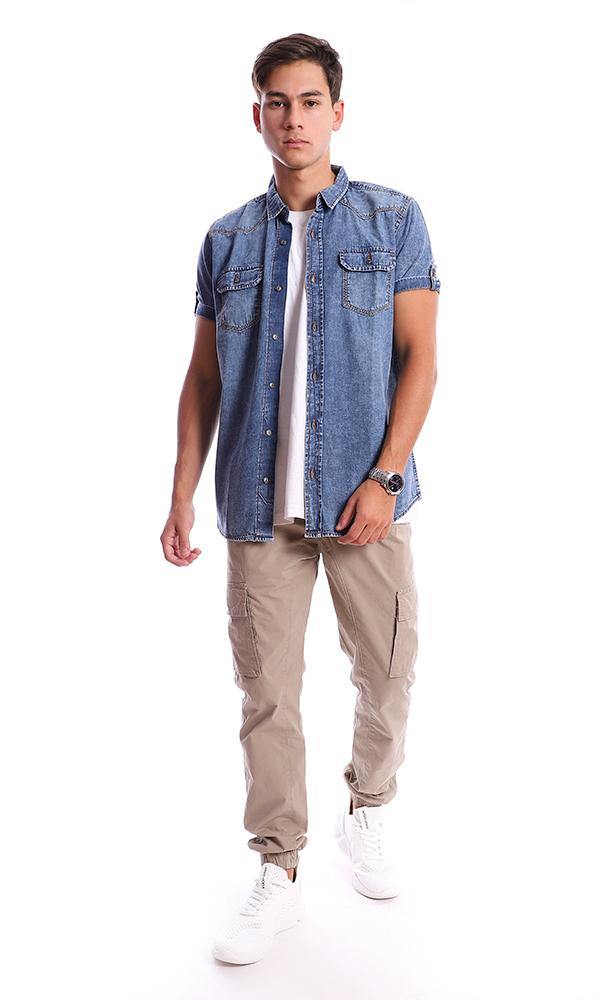 94553 Short Sleeves Classic Collar Denim Shirt - Dark Blue - Ravin 