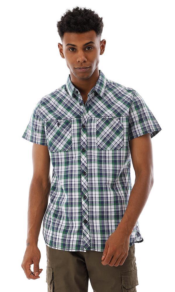 94556 Tartan Short Sleeves Cotton Shirt - Green, White & Navy Blue - Ravin 