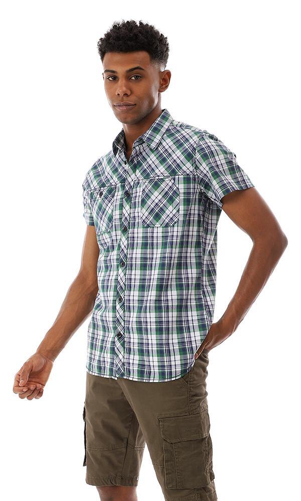 94556 Tartan Short Sleeves Cotton Shirt - Green, White & Navy Blue - Ravin 