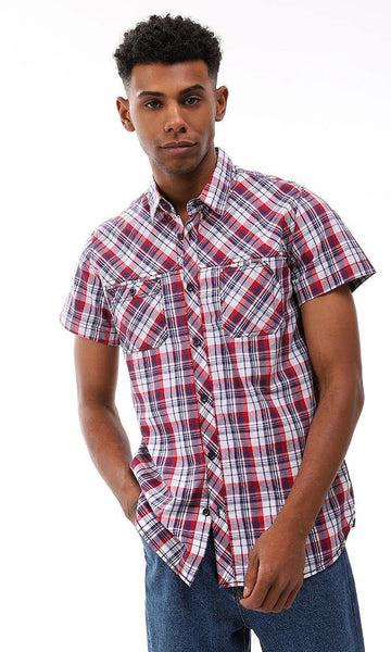 94557 Front Chest Pockets Tartan Shirt - Red, Navy Blue & White - Ravin 