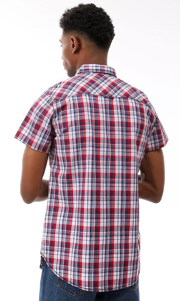 94557 Front Chest Pockets Tartan Shirt - Red, Navy Blue & White - Ravin 