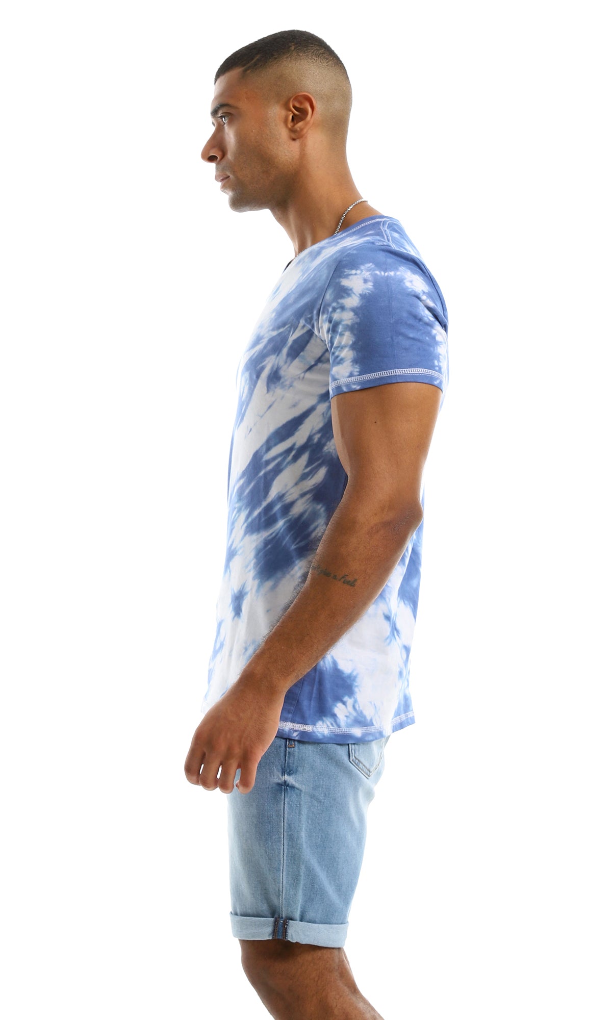 94559 V Neck Tie Dye Casual Cotton Blue Tee