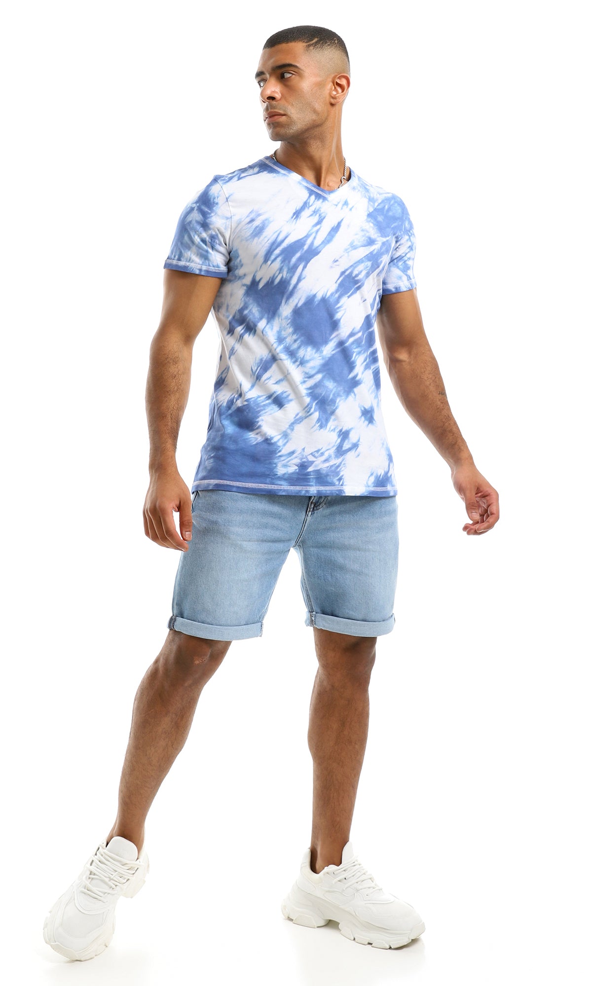 94559 V Neck Tie Dye Casual Cotton Blue Tee