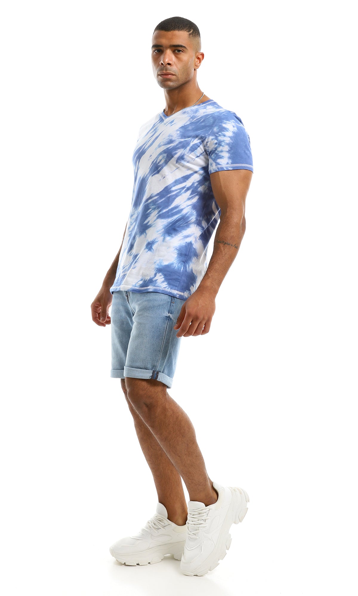 94559 V Neck Tie Dye Casual Cotton Blue Tee